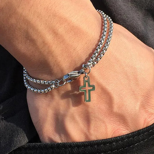Men's Fashion Double Chain Cross Hollow Wrist Bracelets