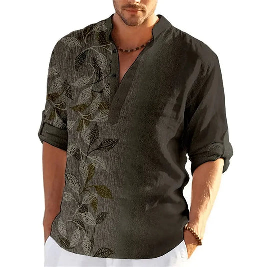 Leaf Print Henley Shirt – Casual Long Sleeve Fashion Top