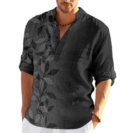Leaf Print Henley Shirt – Casual Long Sleeve Fashion Top